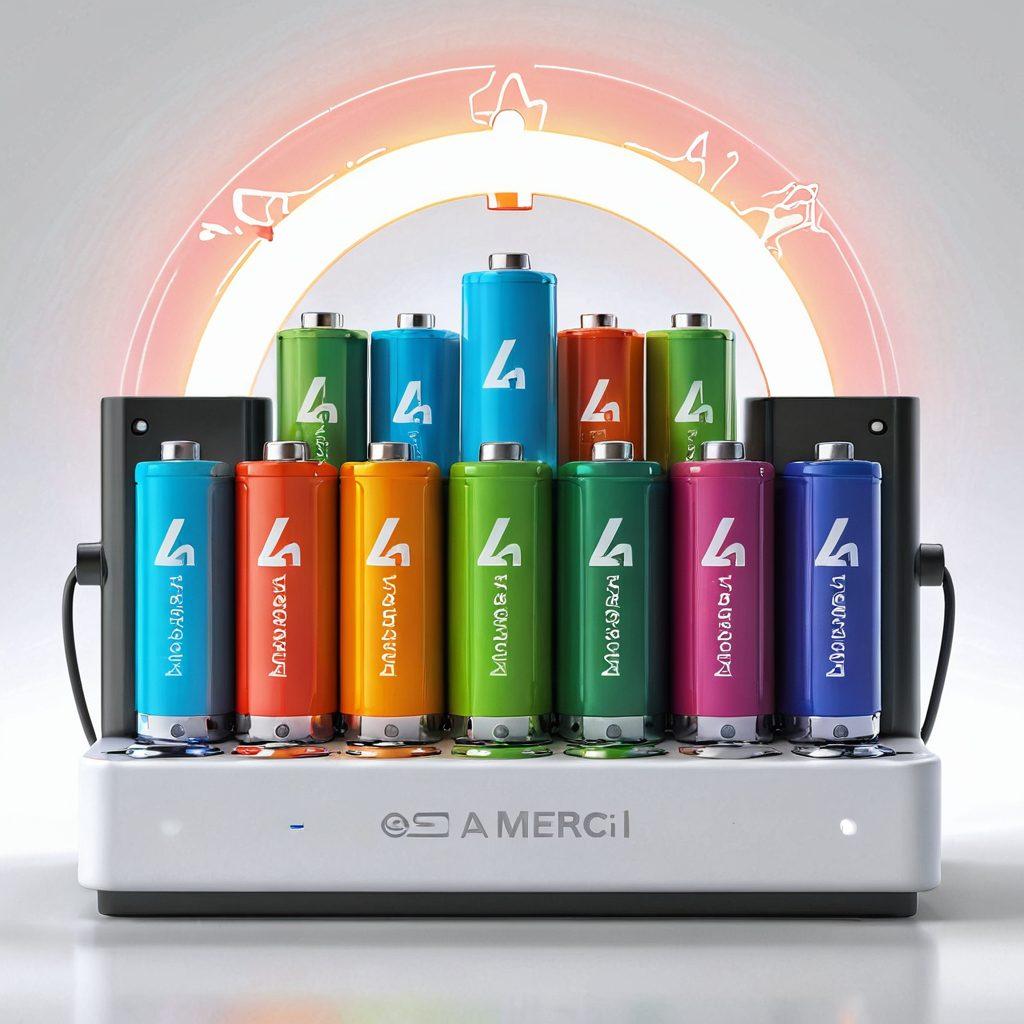 A dynamic display of various batteries, ranging from AAA to car batteries, arranged artistically on a charging station, with a glowing power symbol in the background. Include energy sparks emanating from the batteries, symbolizing empowerment and vitality. Bright, engaging colors to attract the eye. super-realistic. vibrant colors. white background.