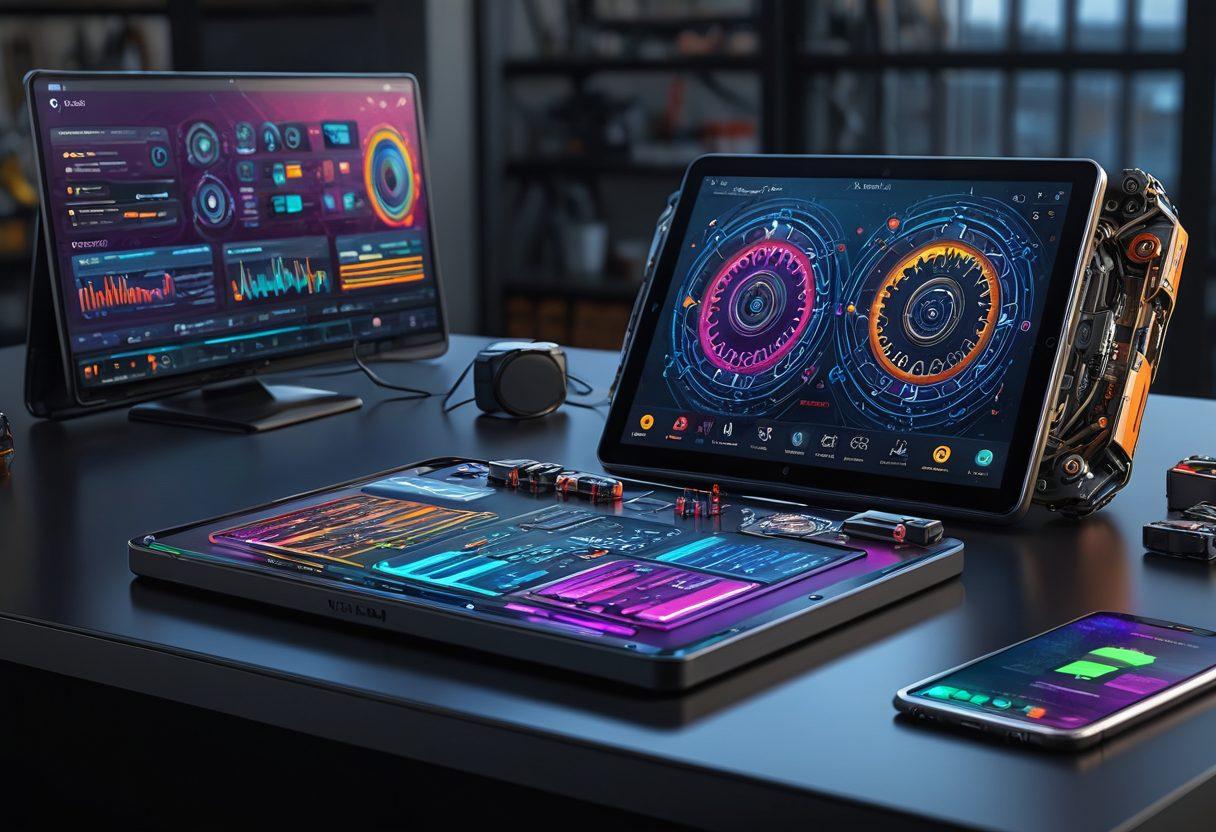 A sleek workspace featuring a high-tech battery management system, with various battery types displayed around. Include visual tools like a digital tablet showing battery metrics, vibrant energy indicators, and a backdrop of gears and circuits symbolizing efficiency. The setting should exude a modern and innovative atmosphere, appealing to tech enthusiasts. super-realistic. vibrant colors. clean background.