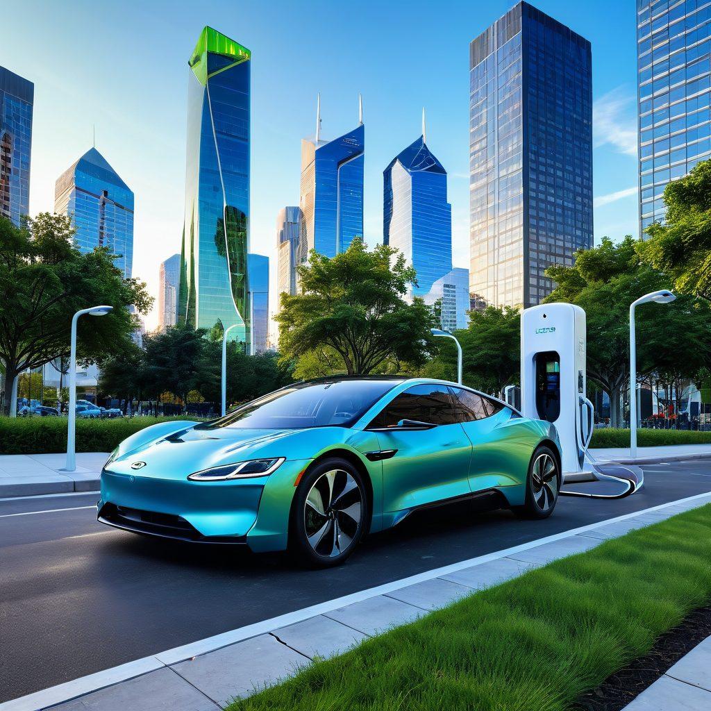 An artistic depiction of a sleek electric car charging at a modern charging station, surrounded by vibrant city skyscrapers and lush green parks. Incorporate futuristic elements like floating screens displaying battery data and eco-friendly symbols. The scene should convey innovation and sustainability, with a bright sky in the background. super-realistic. vibrant colors. 3D.